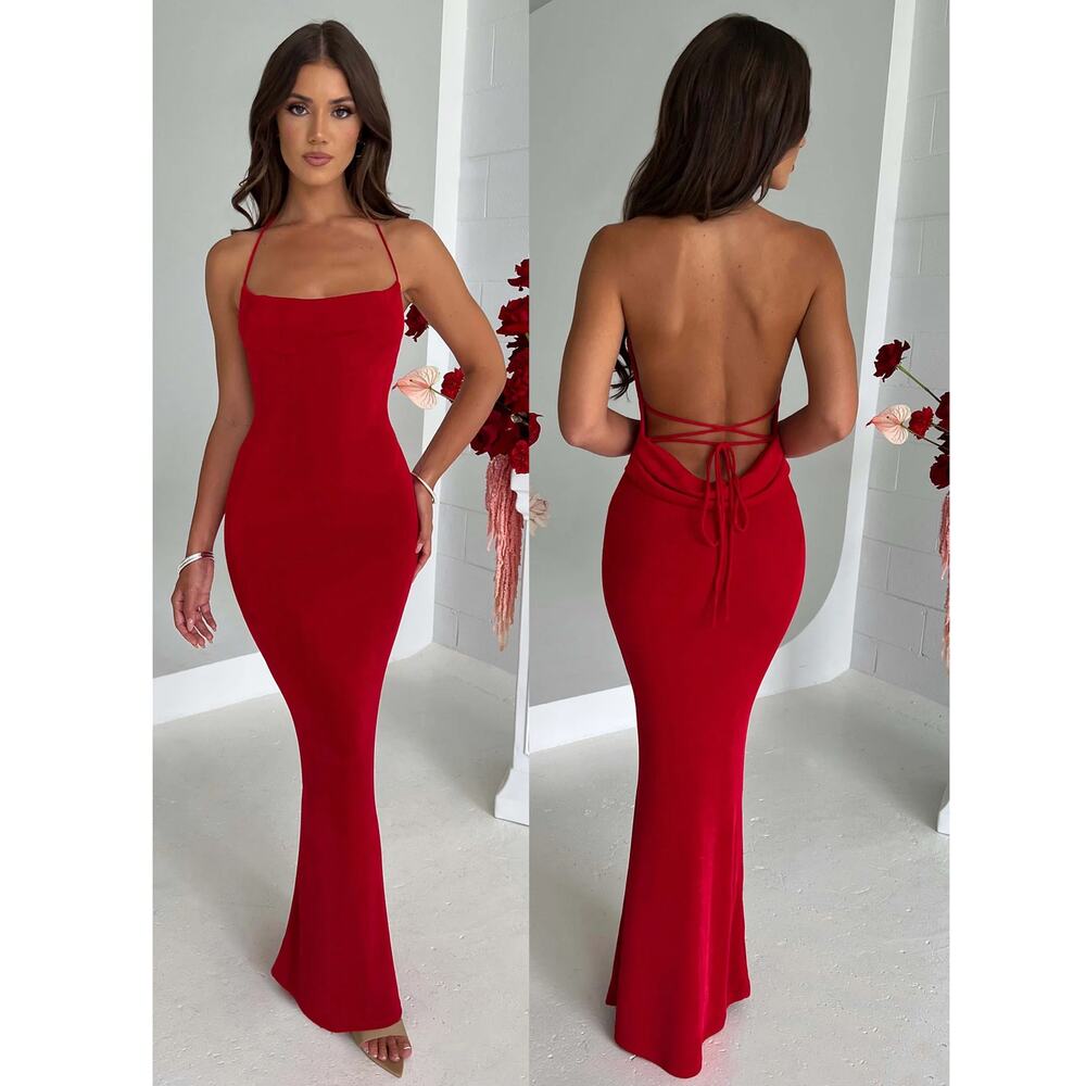 Babyboo Talisa Maxi Dress Red Halter Tie Drape Open Back Cowl SZ S NWT
